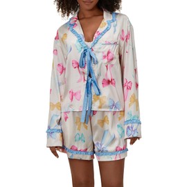 Women’s Two Piece Pajama Set Long Sleeve Bow Tie Front Tops and Shorts Set Loungewear Sleepwear (Blue, L)