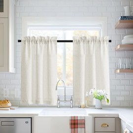PONY DANCE Kitchen Curtains Over Sink 30 Inch Length, Flax Linen Rustic Farmhouse Short Cafe Sheer Curtains Rod Pocket Half Window Tiers for Small Window Bathroom Basement RV, Linen, 2 Panels