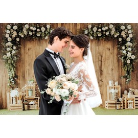 Caheansi 10x8ft Wedding Backdrop White Flowers Wood Bridal Shower Photography Background Bride and Groom Engaged Ceremony Anniversary Wedding Theme Party Decorations Banner Photo Booth Props