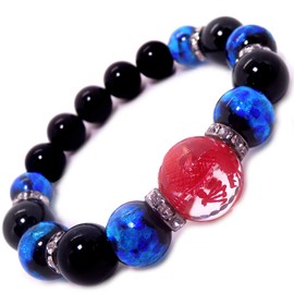 Heroes Red Carved Five-Claw Dragon, Crystal, 0.7 inch (18 mm), Firefly Glass, 0.6 inch (14 mm), 0.5 inch (12 mm), Black, Onyx Power Stone Bracelet, Men's, Natural Stone, Stone