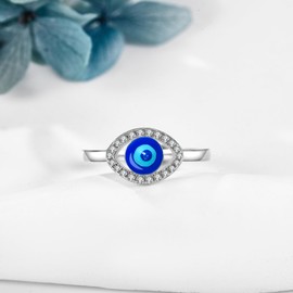 JERWLI Evil Eye Ring for Women 925 Sterling Silver Turkish Blue Evil Eye Rings Evil Eye Lucky Jewelry for Women Lover