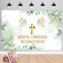 Communion Banner First Communion Banner First Holy Communion Decoration Confirmation Decoration Gold Green Background Hanging Decoration for Boys Girls Wall Party 110 x 180 cm