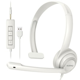 HW02 USB Headset with Microphone Noise Cancelling & in-line Control, Super Light, Ultra Comfort On-Ear Wired Office Call Center Headset for Boom Skype Webinars (White)