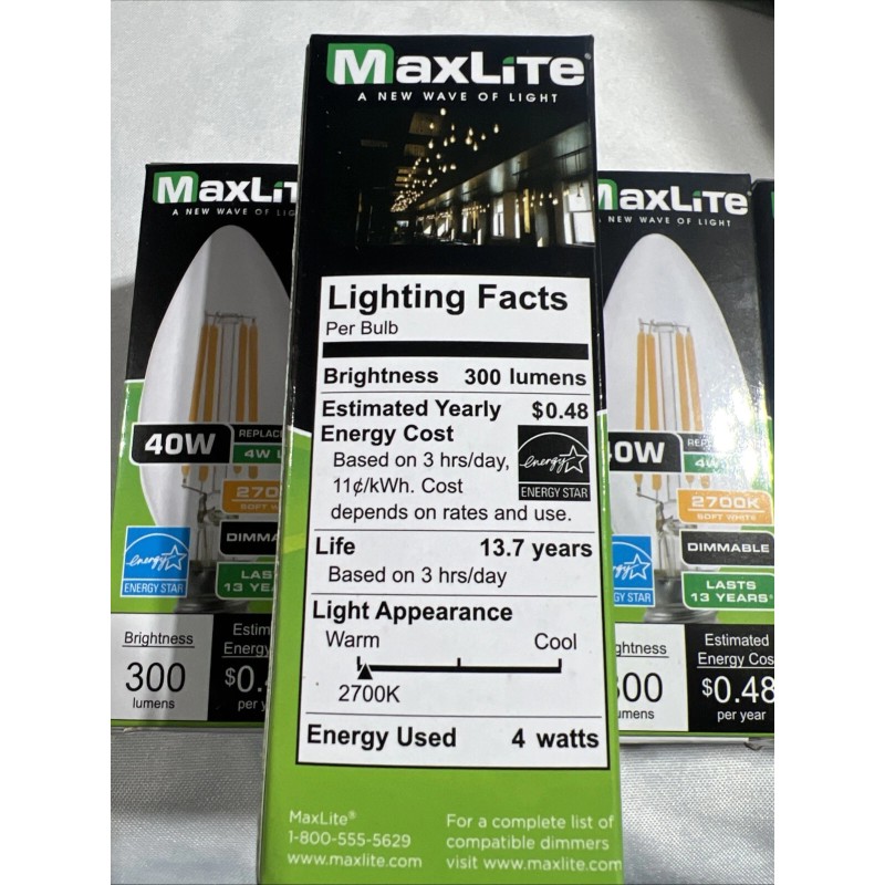 MAXLITE 4W/40W LED DIMMABLE CANDELABRA BULBS E12 Base 6 Pack