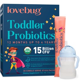 lovebug PROBIOTICS Lovebug Toddler Probiotics - Organic Probiotic for Kids & Toddler Constipation Relief, Stomach Discomfort and Softer Bowel Movements, Clear Dissolvable Powder, Ages 12 Months to 4 Year Olds - 30 Pack
