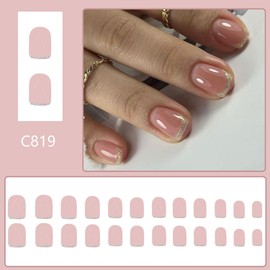 Gold Glitter French Tip Press on Nails Short Square Fake Nails Glossy Nude Glue on Nails Reusable Acrylic Stick on Nails for Women