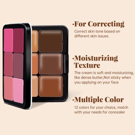 Noerrors 12 Colors Cream Contour Blush Palette, Colour Fix Concealer Foundation Face Sculpting Bronzer Blusher Highlighter Palette Matte Long Wearing Smudge Proof Blendable Makeup with Brush#02
