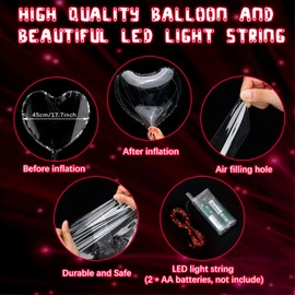 Raiten 20 Pack Valentine's Day Red Heart Light Up Balloons LED Bobo Balloons with 10ft LED Lights Reusable Fillable Glow Balloons for Valentine's Day Wedding Birthday Party Decoration