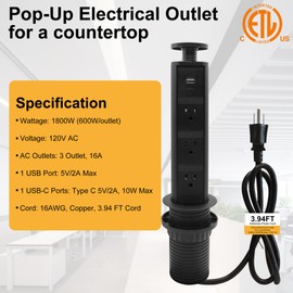 Facon Pop-Up Outlet for Countertops & RVs, 3 AC Outlets + 2 USB Ports, 2.42" Hole Retractable Power Strip with 3.94 Ft Cord, Space-Saving Design Electrical Grommet Outlet Socket