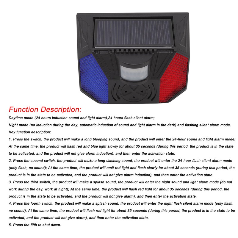 Solar Security Alarm Siren with Remote Control USB Cable Yard