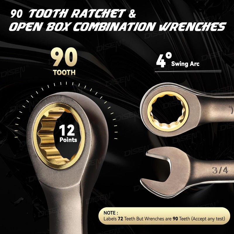 DISEN 90 Teeth Combination Ratcheting Wrench Set 26 Piece, Metric
