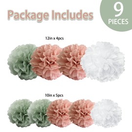 Dusty Rose Mauve Pink Sage Green Tissue Paper Pom Poms Flower Wall Hanging Backdrop Centerpieces for Boho Greenery Wedding Bridal Baby Shower Birthday Nursery Garden Décor