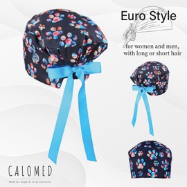 CALOMED Scrub Cap for Women and Men, Euro Style Scrub Caps, Working Hat, Head Cover with Ribbon Ties and Buttons, Long or Short Hair (Floral Paw Prints)