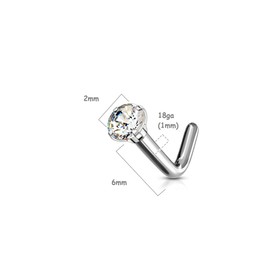 PiercedOff Titanium L Bend Nose Stud with Clear CZ - Thickness 18GA (1mm) / Gem Size 2mm