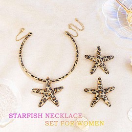 Dmaiy Leopard Print Starfish Necklace Earring Set Gold Statement Choker Sets Boho Chunky Necklace Ocean Earrings for Women