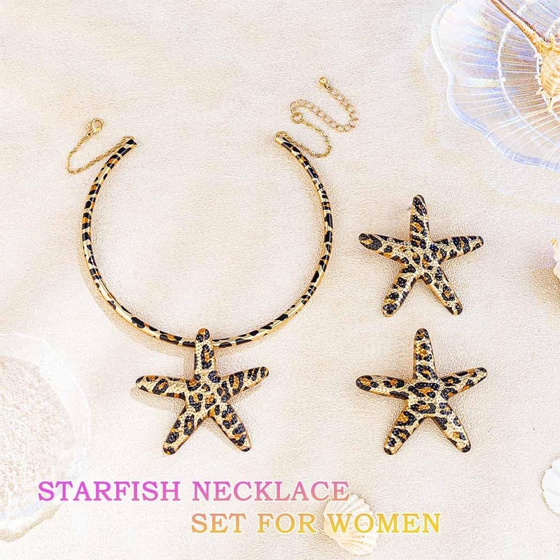 Dmaiy Leopard Print Starfish Necklace Earring Set Gold Statement Choker