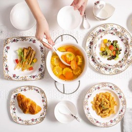 ACMLIFE Bone China Dinnerware Set, Porcelain Fine China Dinnerware Set for 4, Vintage Floral Dinnerware Set, 12 Piece Lightweight Bone China Dinnerware Set Plates and Bowls Set Women Gifts