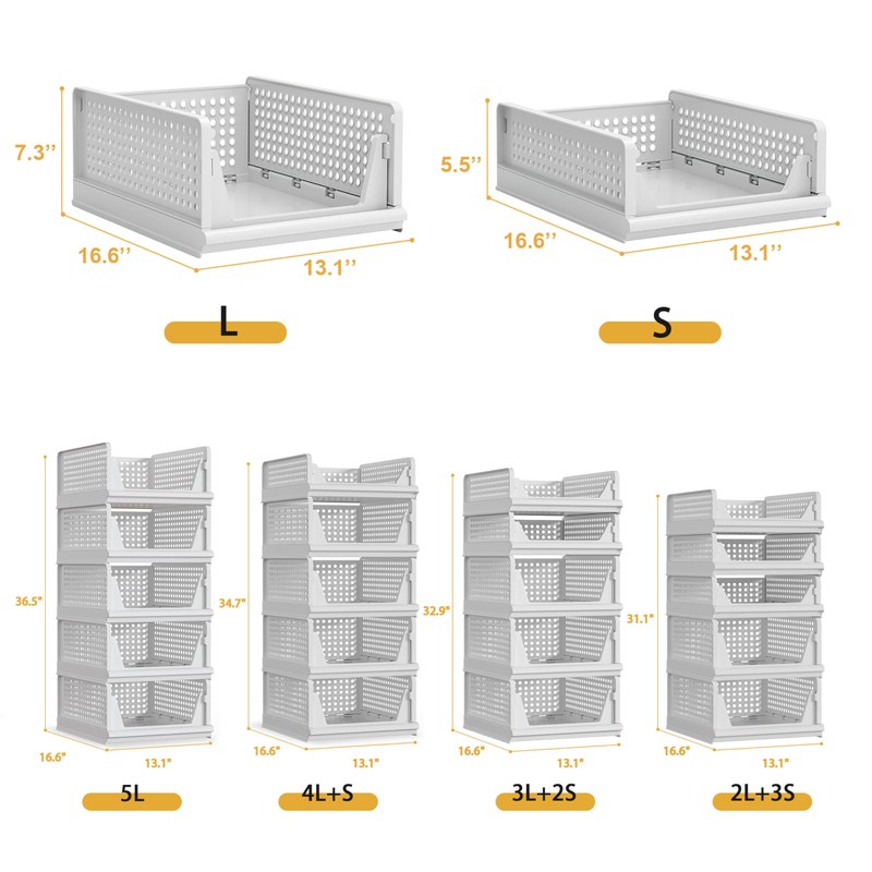 Proarea 5 Pack Stackable Plastic Storage Basket Closet Organizer Bin