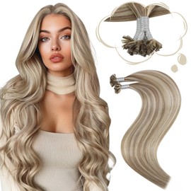 Moresoo U Tip Hair Extensions Human Hair Blonde U Tip Hot Fusion Hair Extensions Platinum Blonde Highlights Medium Golden Brown Human Keratin Extensions 20 Inch 50g/50s