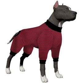 LovinPet Giant Dogs Pajamas Onesies - Pure Cotton Red and Black Stripe Dog Shirt, 4-Legged Design, Full Body Coverage, for Big Dogs, Large Breed Dog PJ's,Medium