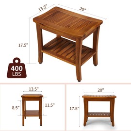 TEAKMAMA 20" Teak Shower Bench Waterproof Wooden Chair for Inside Use, Teak Shower Stool with Shelf for Bathroom, Durable Bath Bench for Elderly, Assembly Required