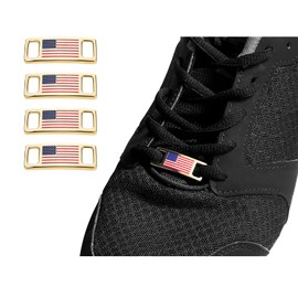 Yulinmon 14K Gold Plated American Flag Boot Laces Clips for Worker Shoes, US Patriotic Sneakers Shoe Lace Charms - Real Gold Electroplated, Tarnish-Proof, Veterans Industrial Accessory (4 Pack)