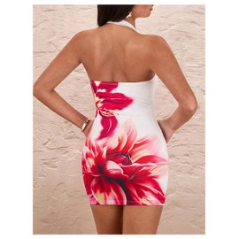 OYOANGLE Women's Floral Print Y2K Mini Dress Halter Neck Sleeveless Fitted Short Dresses White and Pnk Medium