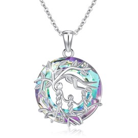 Women's Tree of Life Necklace 925 Sterling Silver Mother and 2 Children Chain with Circle Crystal Tree of Life Round Pendant Mum Daughter Jewellery Gifts for Girls Pink, Sterling Silver, circle