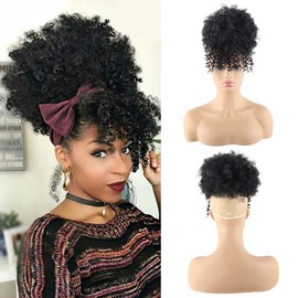 CINHOO Curly Ponytail Wigs for Black Women Hair Balls for Girls Natural Hair Wig Afro High Puff Bun Hair Pieces for Women Synthetic Drawstring Ponytail Extension for Black Women Pontail with Bangs