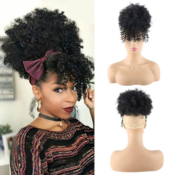 CINHOO Curly Ponytail Wigs for Black Women Hair Balls for Girls Natural Hair Wig Afro High Puff Bun Hair Pieces for Women Synthetic Drawstring Ponytail Extension for Black Women Pontail with Bangs