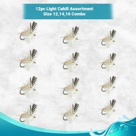 Feeder Creek Fly Fishing Flies | Premium Dry Flies | 12pc Fly Fishing Assortment | Trout and Bass Flies | Sizes 12, 14, 16 (Cahill Light)