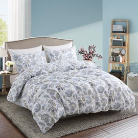 Cozaline Blue Floral Duvet Cover King Size 100% Cotton Botanical Coquette Comforter Cover 3 Pieces Soft & Breathable French Style Duvet Cover with Zipper Closure