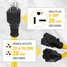 NEMA 6-20 Y Splitter Extension Cord, 6-20P Male to 2X 6-20R/6-15R, 3FT