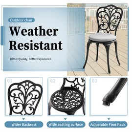 Withniture 3 Piece Bistro Patio Set Cast Aluminum Bistro Table and Chairs Set of 2 with Cushion,Outdoor Bistro Table Set with Umbrella Hole,Metal Patio Furniture Set for Garden,Black