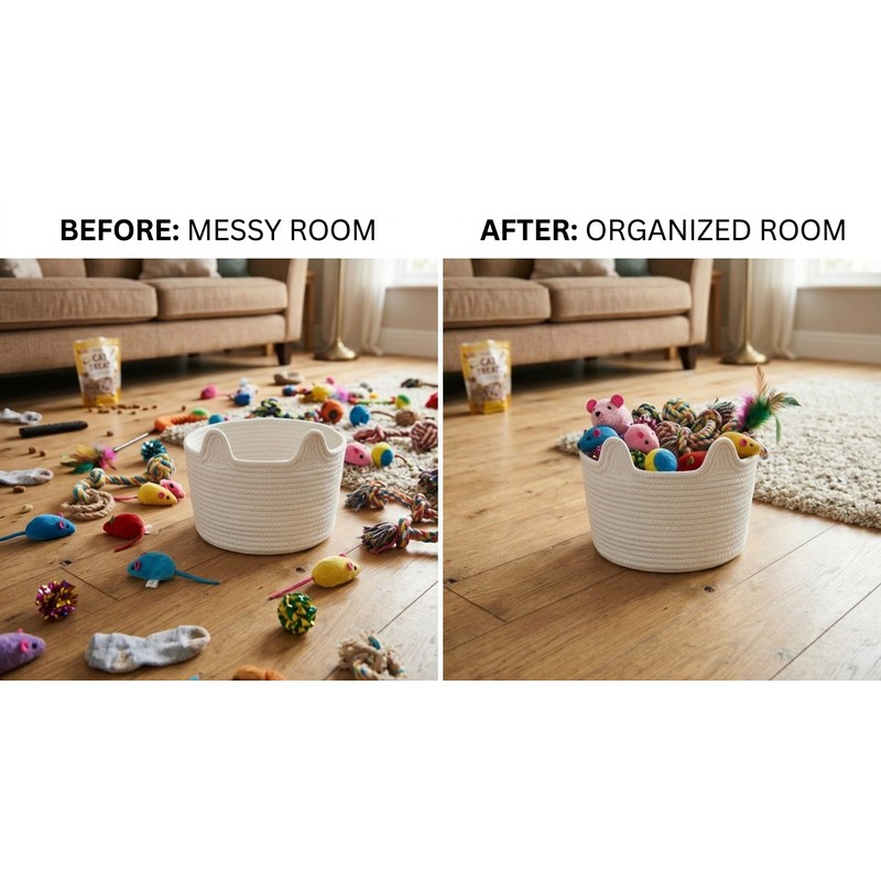 Cat-Shaped Cotton Rope Storage Basket for Pet Toy Organization –