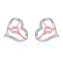 Pendientes de gimnasia de plata de ley para niñas, diseño de corazón de gimnasta chapados en oro rosa, joyería de gimnasia de Navidad, regalos para adolescentes, hija, nieta, gimnastas, s925, circonita