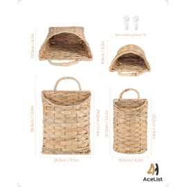AceList Woven Hanging Basket for Front Door Set of 2, Built-in Iron Frame Handmade Water Hyacinth Wall Mounted Organizer, Natural Wicker Storage for Mail Flowers, Boho Farmhouse Decor for Home
