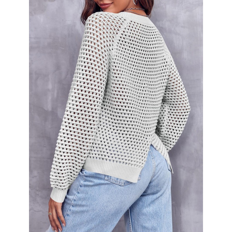 Saodimallsu Women's Crew Neck Mesh Long Sleeve Tops Plain Elegant