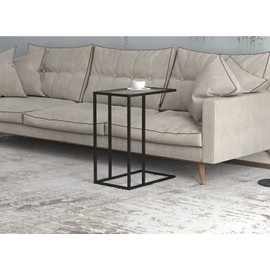 Safdie & Co. Accent Table 19L C-Shaped Glass Black Metal, Clear