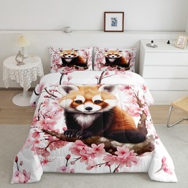 Manfei Red Panda Kawaii Twin Size Comforter Set,Pink Cherry Blossom Spring Blooming Floral Quilt Set Soft Bed Collection,Cute Wild Animal Nature Bedding Comforter for Kids Adults Home Decor,2 Pcs