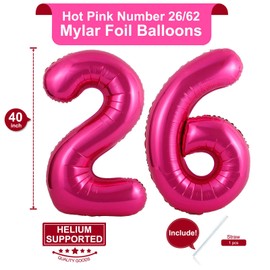 40 Inch Hot Pink 26 Number Balloons Giant Jumbo Huge 26 or 62 Foil Mylar Helium Number Balloons Dark Pink Birthday Mylar Digital Balloons 26th or 62th Birthday Anniversary Events Party Decorations