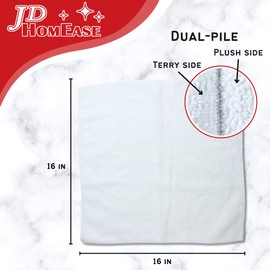 JD Homease Microfiber Cleaning Cloths,12 Pack, 16"x16", All-Purpose, Softer, Highly Absorbent, Lint-Free, Reusable, Washable Pro Towels, White, for House, Kitchen, Bathroom, Car, Office