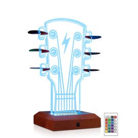 CoolGift Mart Light Up Guitar Pick Holder, Acrylic Wooden Guitar Headstock Shaped Pick Holder with 16 Color Lights for Picks Storage and Display, Gift for Guitarists