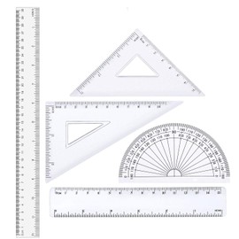 12 inches Plastic Ruler & 6 inch Straight Ruler & Plastic Measuring Tool Strong Hard Protractor Triangle Set (Clear,Pack of 5)