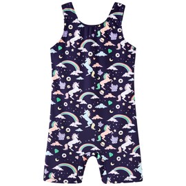 UMELOK Girls Gymnastics Leotards One Piece Shorts Sleeveless Biketards Kids Dance Outfit Blue unicorn，6-7Years