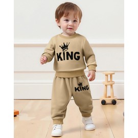 Jecson Baby Boy Fall Clothes: Warm & Soft Infant Outfits Sets KING Print Sweatshirt & Jogger Pant 2Pcs Toddler Cute Daywear Size 18-24 Months Beige