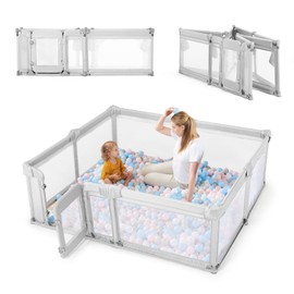 Sweeby Foldable Baby Playpen, Baby Gate Playpens for Babies and Toddlers 71x59 Extra Large Play Yard with Door Fence with Mat and Indoor Play Pen,Light Grey