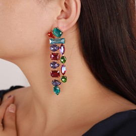 fxmimior - arete de diamantes de imitación grandes, color dorado, colorido, color verde, elegante, con borla larga, cadena larga, para mujer, niñas, Metal Diamantes de imitación Metal, Diamante de imitación