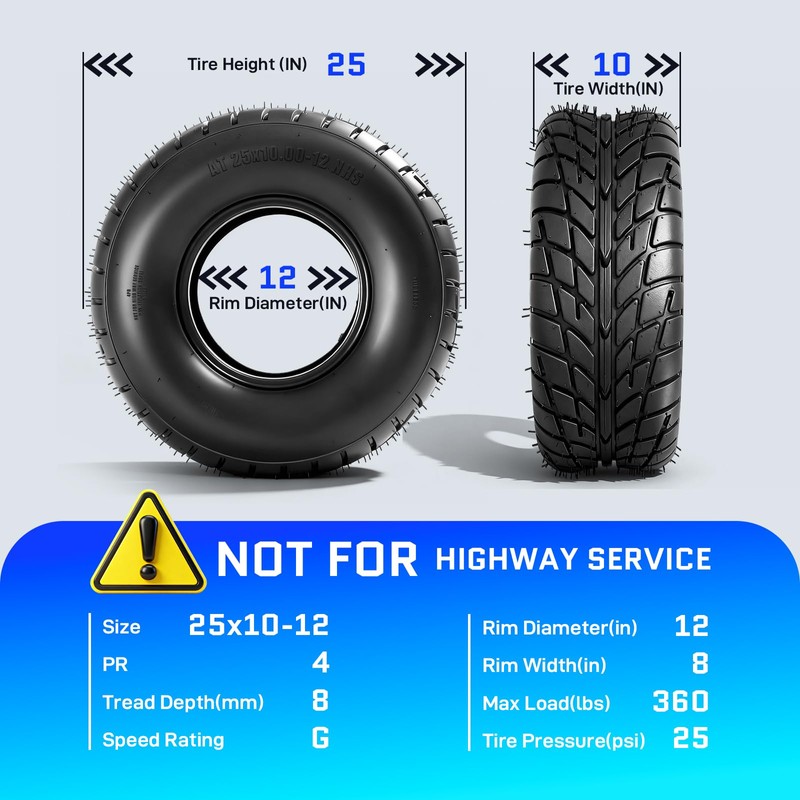 TRIBLE SIX 25x10-12 ATV/UTV Tires, 25x10x12 All-Terrain Tires, Set of