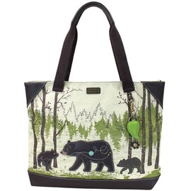 Chala Safari - "Momma Bear in the Forest" Tote Bag , Canvas Tote with Detachable Charm / Keychain (912 BR)